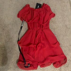 Red off the shoulder dress from PrettyLittleThing